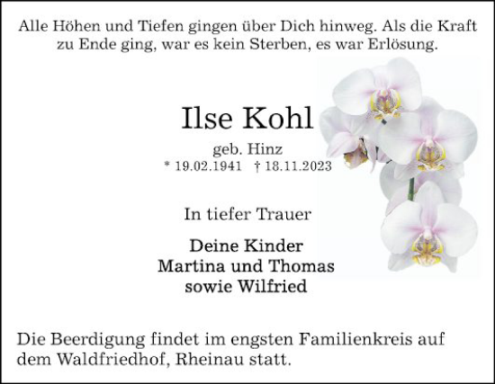 Traueranzeige von Ilse Kohl von Mannheimer Morgen