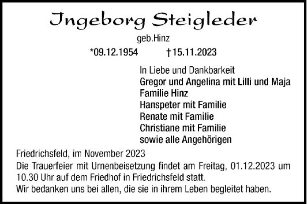  Traueranzeige für Ingeborg Steigleder vom 25.11.2023 aus Mannheimer Morgen