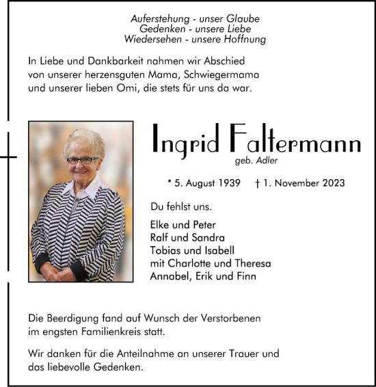 Traueranzeige von Ingrid Faltermann von Mannheimer Morgen