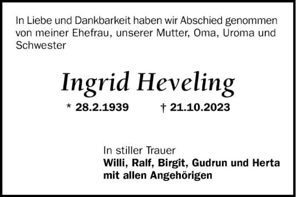  Traueranzeige für Ingrid Heveling vom 18.11.2023 aus Mannheimer Morgen
