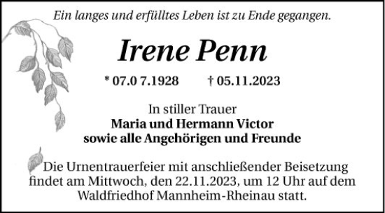 Traueranzeige von Irene Penn von Mannheimer Morgen