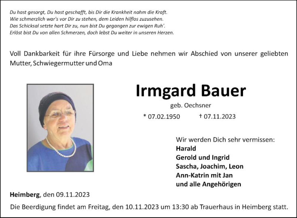  Traueranzeige für Irmgard Bauer vom 09.11.2023 aus Fränkische Nachrichten