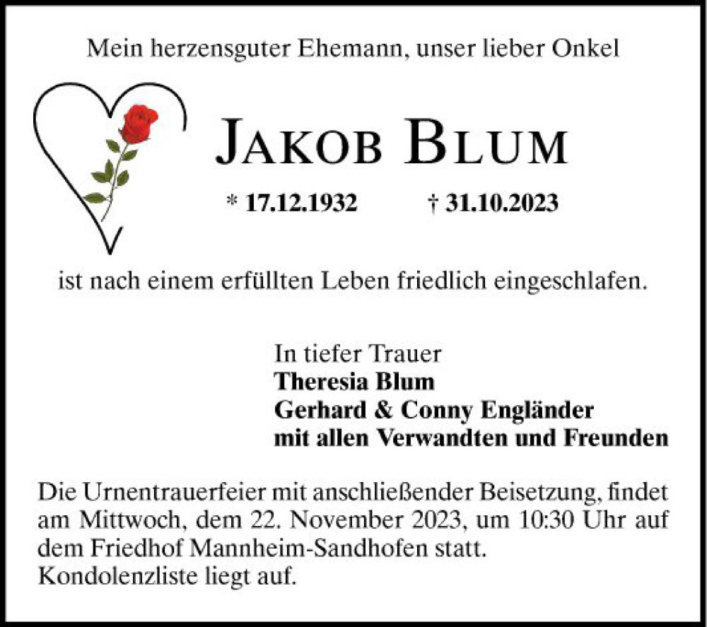  Traueranzeige für Jakob Blum vom 18.11.2023 aus Mannheimer Morgen