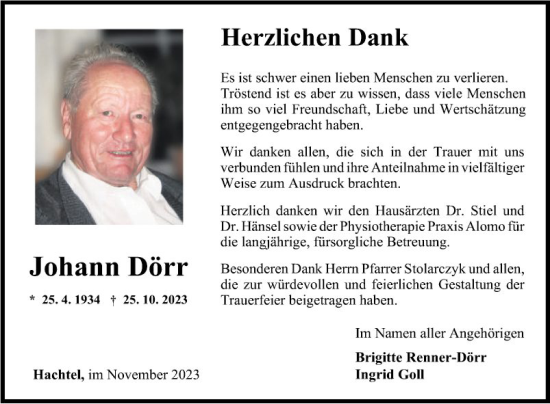 Traueranzeige von Johann Dörr von Fränkische Nachrichten