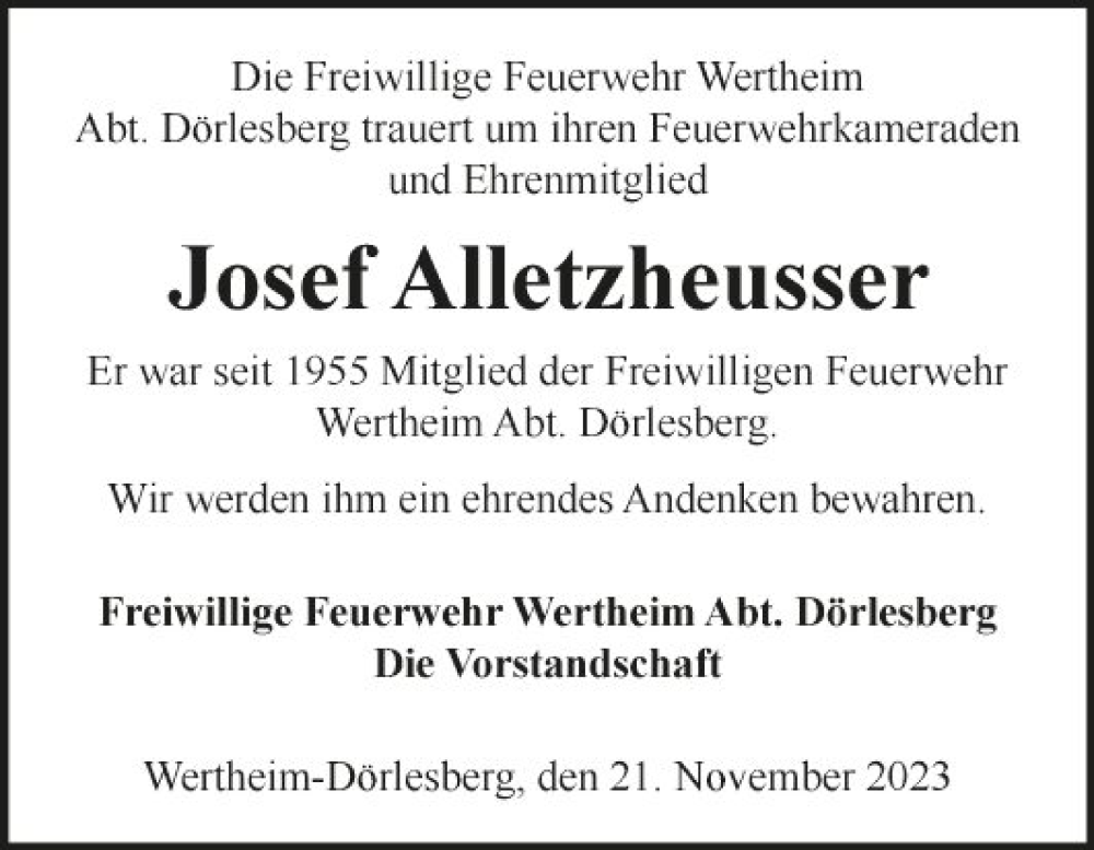  Traueranzeige für Josef Alletzheusser vom 21.11.2023 aus Fränkische Nachrichten