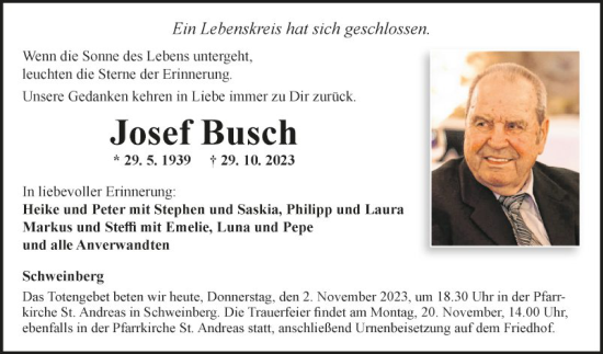 Traueranzeige von Josef Busch von Fränkische Nachrichten