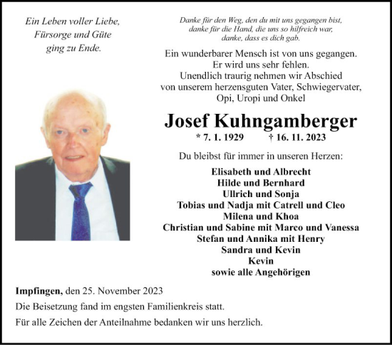 Traueranzeige von Josef Kuhngarnberger von Fränkische Nachrichten