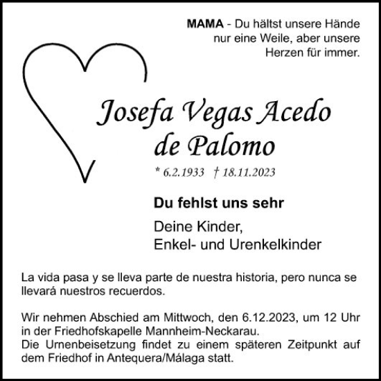 Traueranzeige von Josefa Vegas Acedo de Palomo von Mannheimer Morgen
