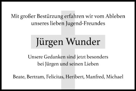 Traueranzeige von Jürgen Wunder von Mannheimer Morgen