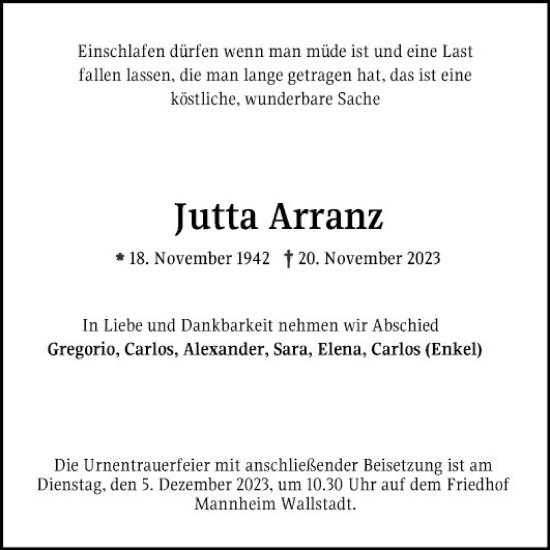 Traueranzeige von Jutta Arranz von Mannheimer Morgen