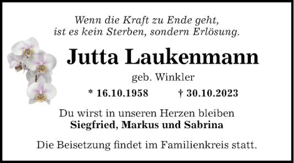  Traueranzeige für Jutta Laukenmann vom 11.11.2023 aus Mannheimer Morgen