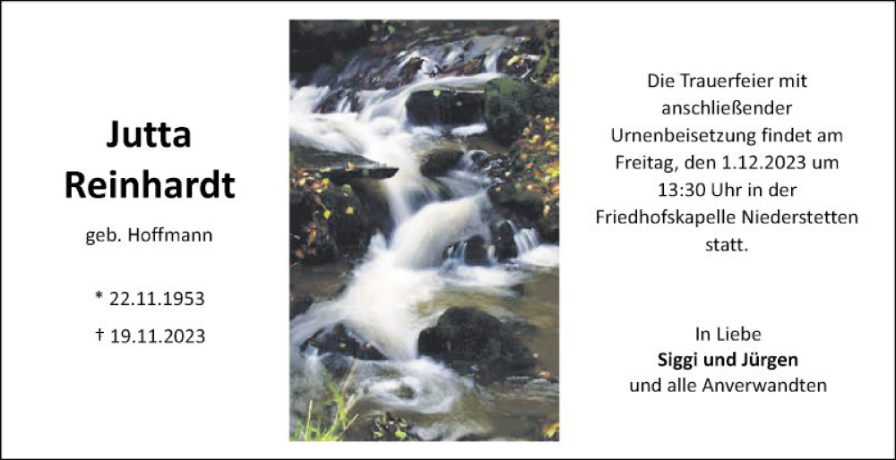  Traueranzeige für Jutta Reinhardt vom 25.11.2023 aus Fränkische Nachrichten