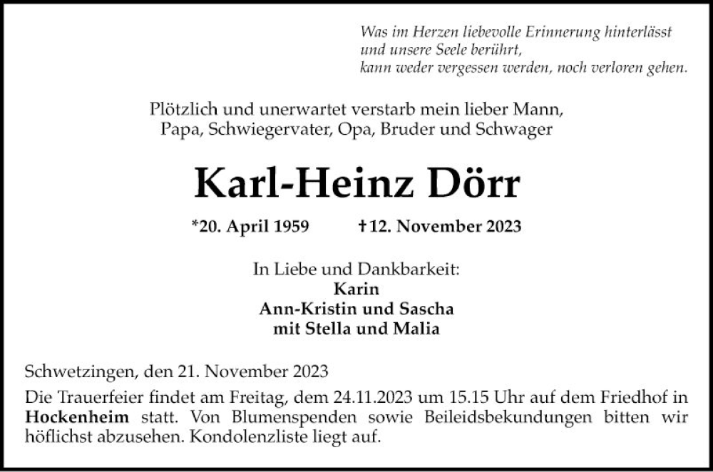  Traueranzeige für Karl-Heinz Dörr vom 21.11.2023 aus Schwetzinger Zeitung