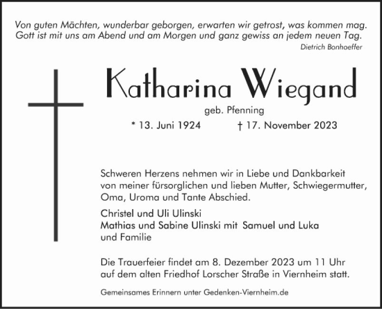Traueranzeige von Katharina Wiegand von Mannheimer Morgen