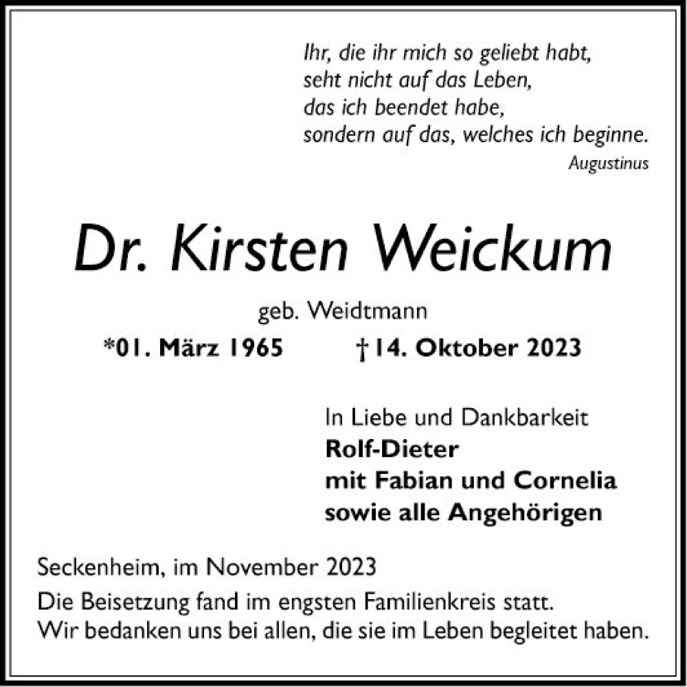  Traueranzeige für Kirsten Weickum vom 18.11.2023 aus Mannheimer Morgen