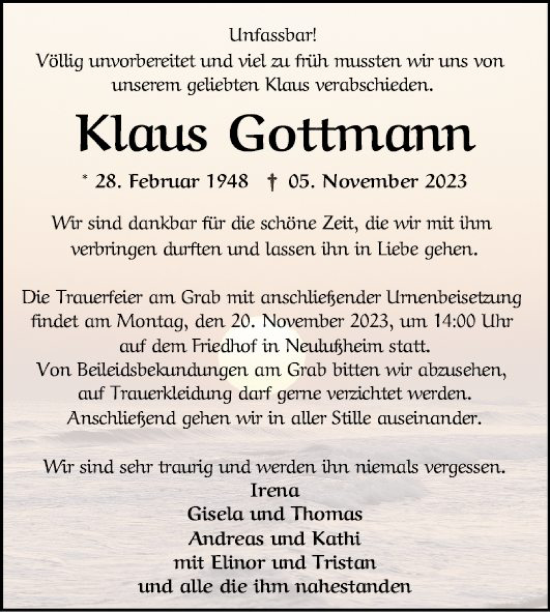 Traueranzeige von Klaus Gottmann von Schwetzinger Zeitung