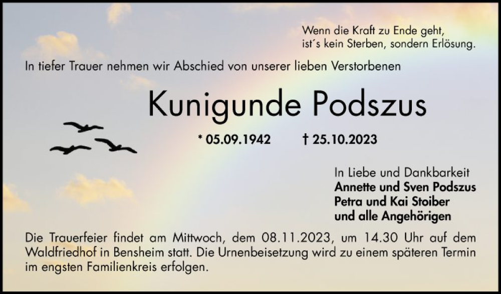  Traueranzeige für Kunigunde Podszus vom 04.11.2023 aus Bergsträßer Anzeiger