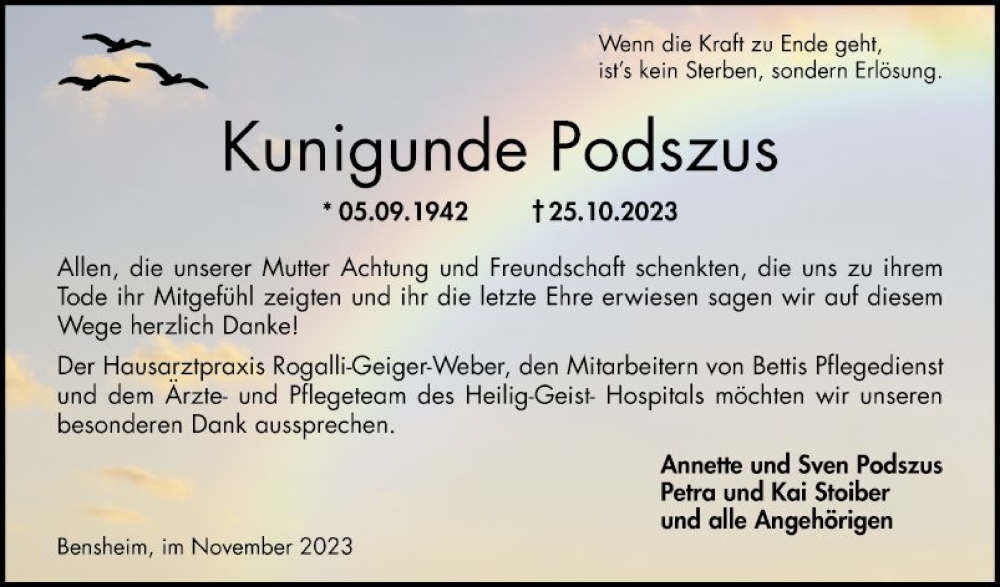  Traueranzeige für Kunigunde Podszus vom 18.11.2023 aus Bergsträßer Anzeiger
