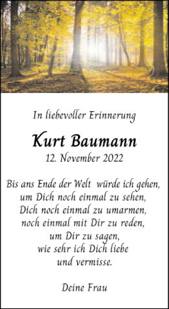  Traueranzeige für Kurt Baumann vom 11.11.2023 aus Mannheimer Morgen