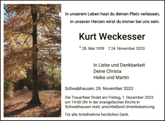 Traueranzeige von Kurt Weckesser von Fränkische Nachrichten