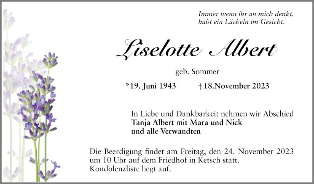  Traueranzeige für Lieselotte Albert vom 21.11.2023 aus Schwetzinger Zeitung