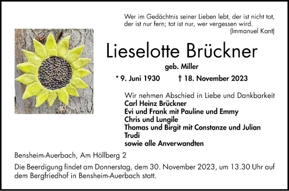  Traueranzeige für Lieselotte Brückner vom 25.11.2023 aus Bergsträßer Anzeiger