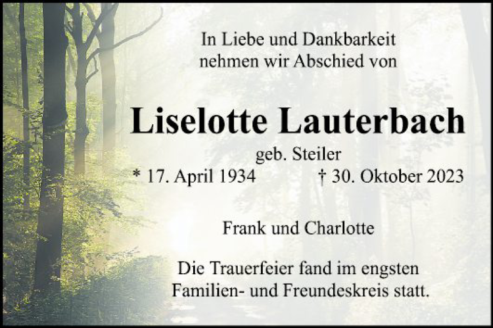  Traueranzeige für Liselotte Lauterbach vom 11.11.2023 aus Mannheimer Morgen