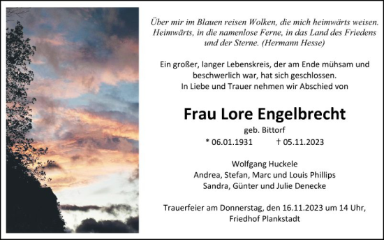 Traueranzeige von Lore Engelbrecht von Schwetzinger Zeitung