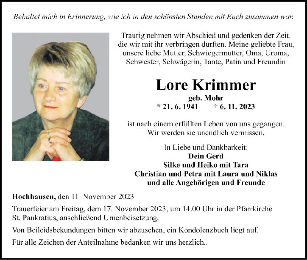  Traueranzeige für Lore Krimmer vom 11.11.2023 aus Fränkische Nachrichten