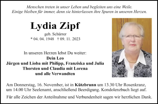 Traueranzeige von Lydia Zipf von Fränkische Nachrichten