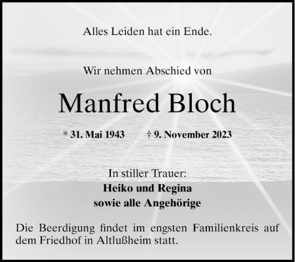  Traueranzeige für Manfred Bloch vom 18.11.2023 aus Schwetzinger Zeitung