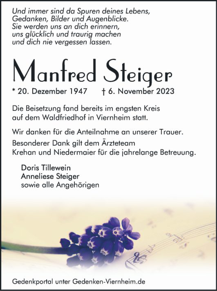  Traueranzeige für Manfred Steiger vom 21.11.2023 aus Mannheimer Morgen