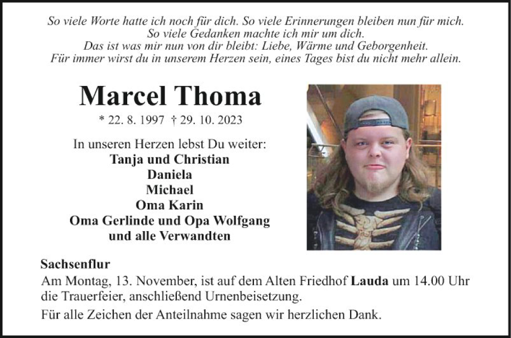  Traueranzeige für Marcel Thoma vom 08.11.2023 aus Fränkische Nachrichten