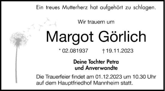 Traueranzeige von Margot Görlich von Mannheimer Morgen