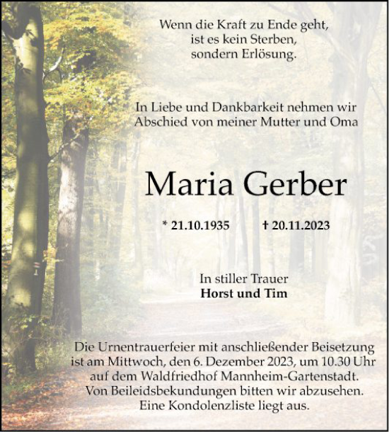 Traueranzeige von Maria Gerber von Mannheimer Morgen