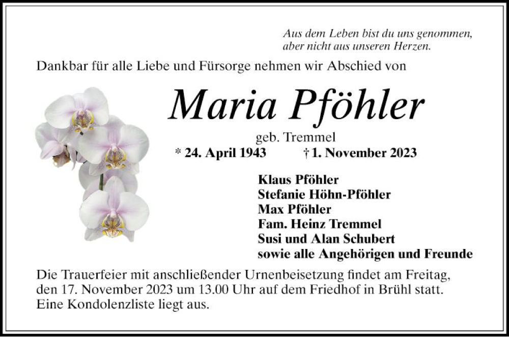  Traueranzeige für Maria Pföhler vom 11.11.2023 aus Schwetzinger Zeitung