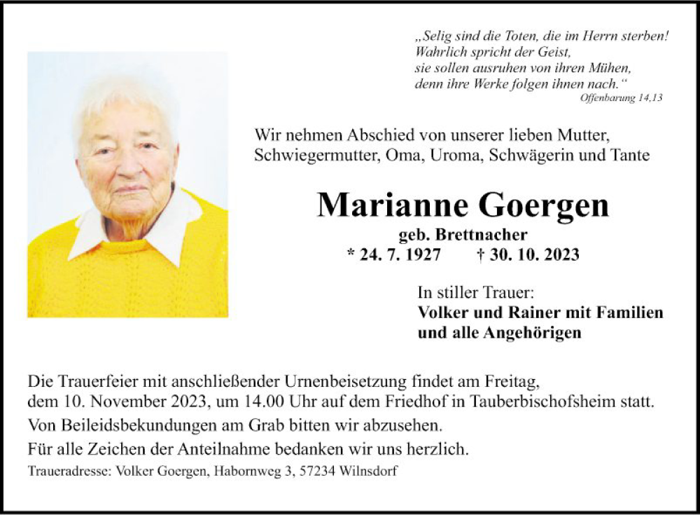  Traueranzeige für Marianne Goergen vom 04.11.2023 aus Fränkische Nachrichten
