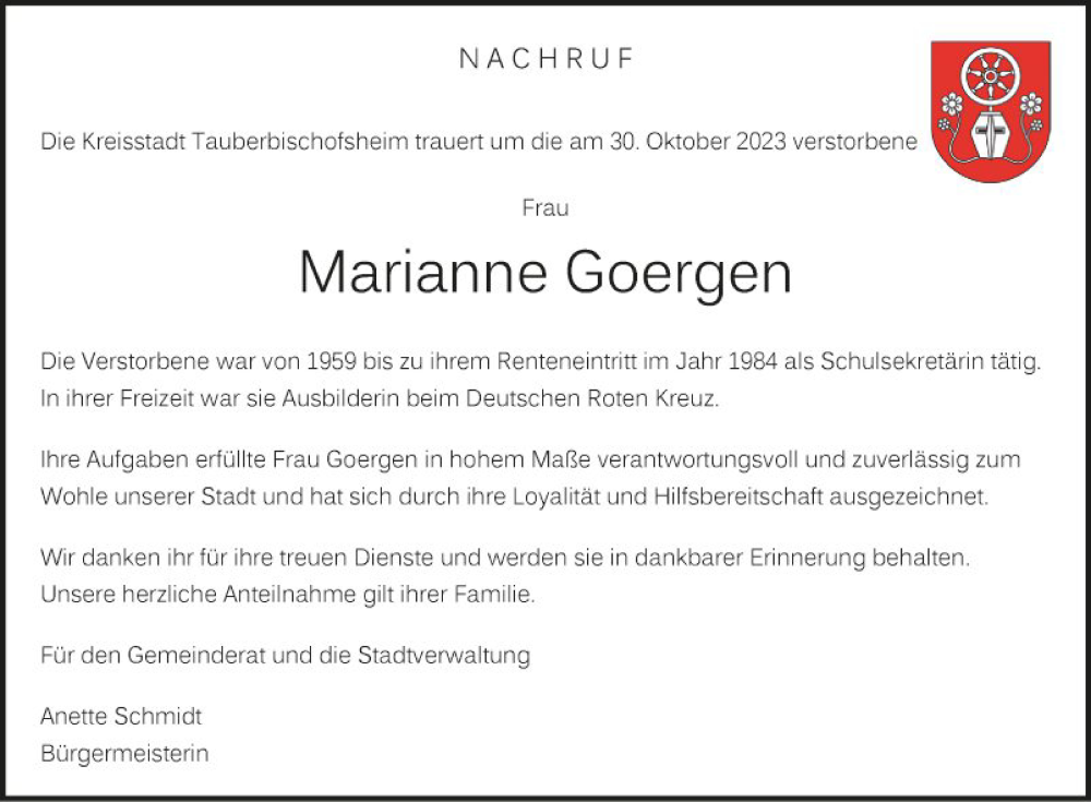  Traueranzeige für Marianne Goergen vom 18.11.2023 aus Fränkische Nachrichten