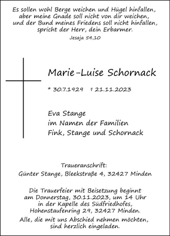 Traueranzeige von Marie-Luise Schornack von Mannheimer Morgen