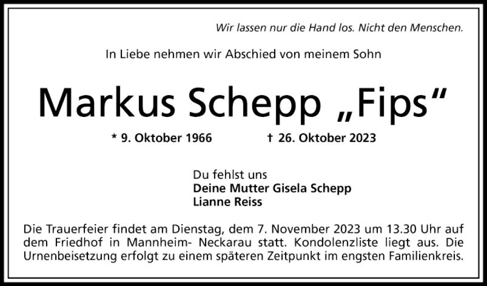  Traueranzeige für Markus Schepp vom 04.11.2023 aus Mannheimer Morgen