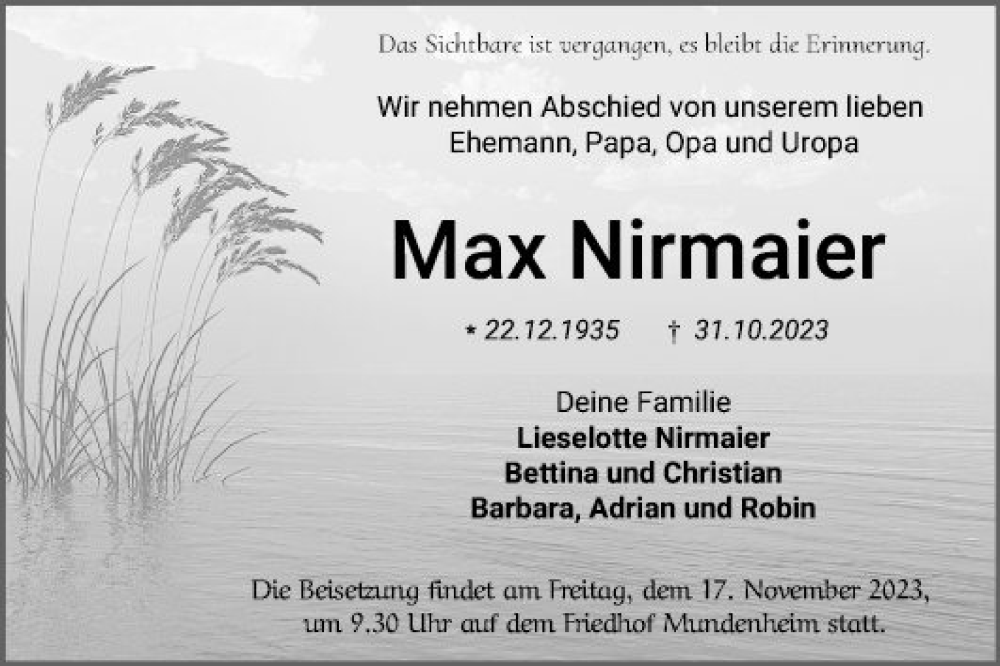  Traueranzeige für Max Nirmaier vom 11.11.2023 aus Mannheimer Morgen