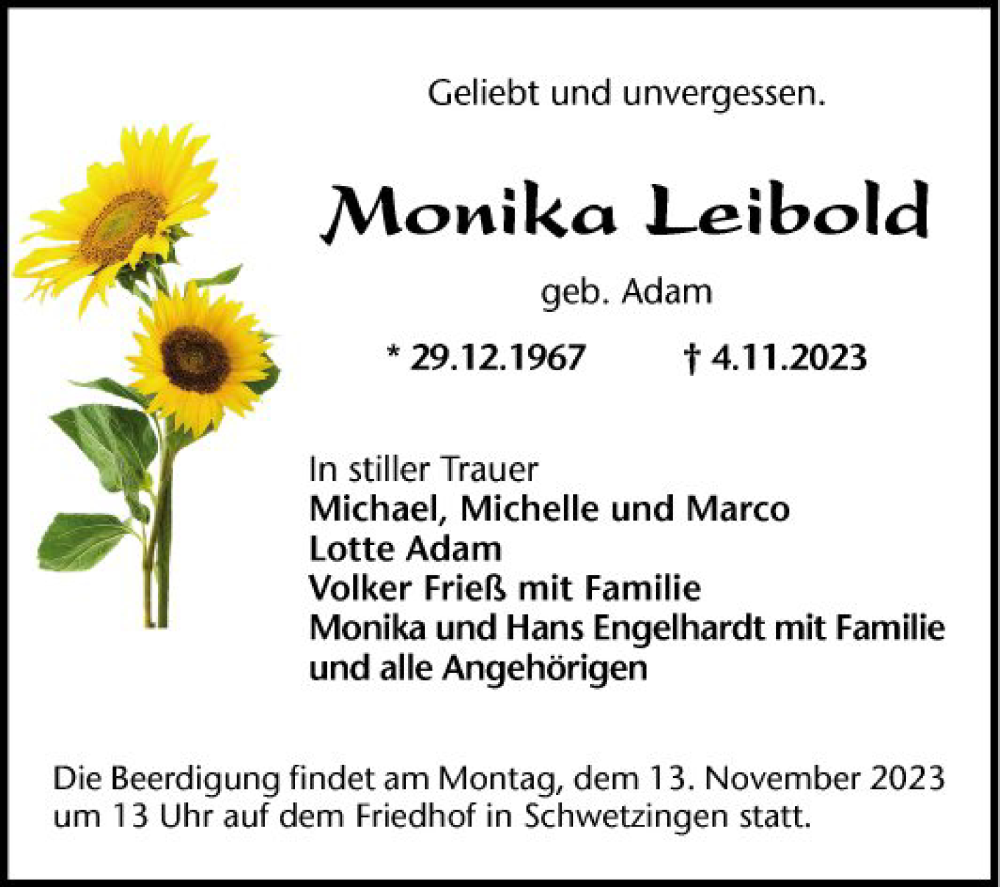  Traueranzeige für Monika Leibold vom 10.11.2023 aus Schwetzinger Zeitung