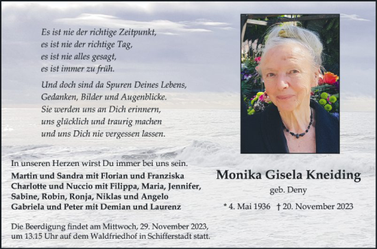 Traueranzeige von Monika Gisela Kneiding von Mannheimer Morgen