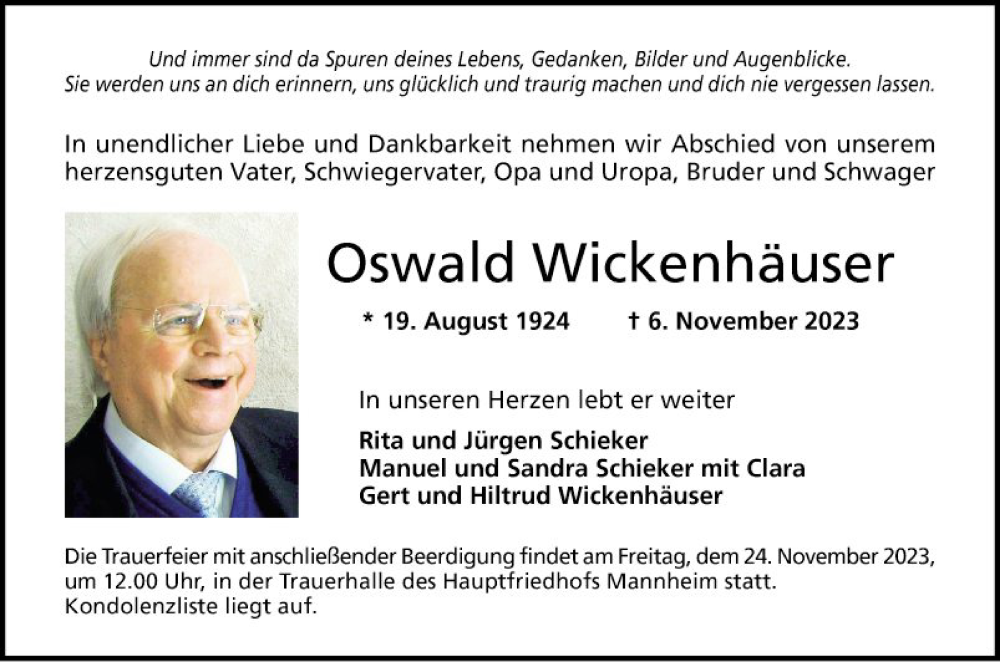  Traueranzeige für Oswald Wickenhäuser vom 18.11.2023 aus Mannheimer Morgen