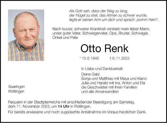 Traueranzeige von Otto Renk von Fränkische Nachrichten