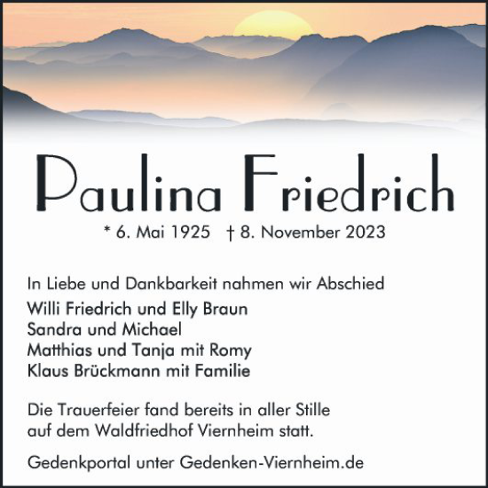 Traueranzeige von Paulina Friedrich von Mannheimer Morgen
