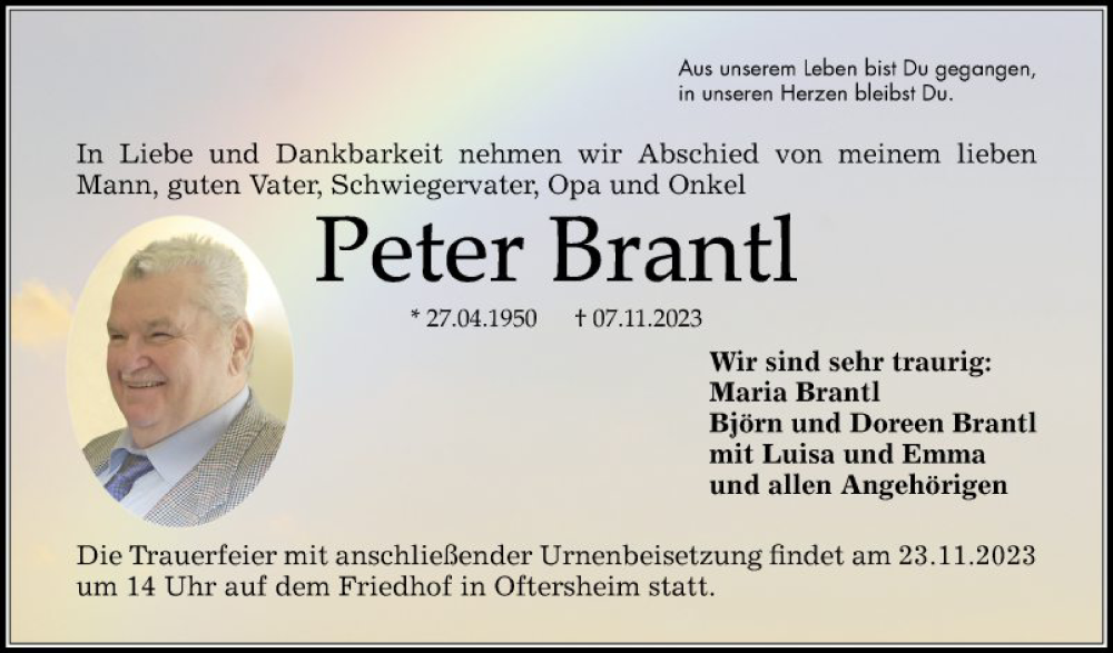  Traueranzeige für Peter Brantl vom 18.11.2023 aus Schwetzinger Zeitung
