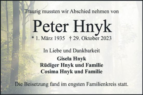 Traueranzeige von Peter Hnyk von Mannheimer Morgen