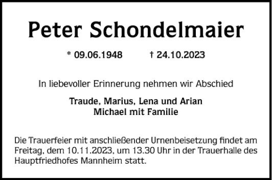 Traueranzeige von Peter Schondelmaier von Mannheimer Morgen