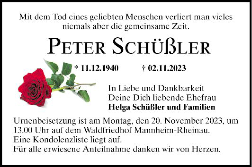  Traueranzeige für Peter Schüßler vom 16.11.2023 aus Mannheimer Morgen